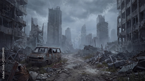 A desolate, ruined city street filled with debris, rubble, and a rusted abandoned van under a dark, gloomy, and overcast sky.