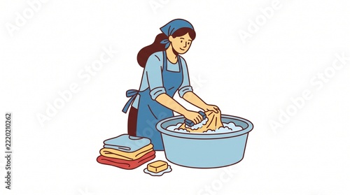 Housewife Washing Clothes by Hand in Laundry Basin Flat Clipart Isolated on White Background