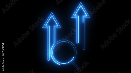 Neon blue magnifying glass with upward arrows for rising search analysis digital concept.