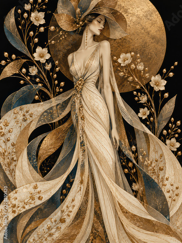 Elegant Art Deco Woman in Flowing Ivory and Gold Gown Surrounded by Golden Flowers