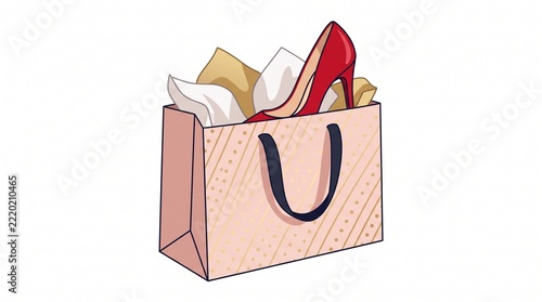 Elegant High Heel Shoe Inside Shopping Bag Flat Clipart Isolated on White Background