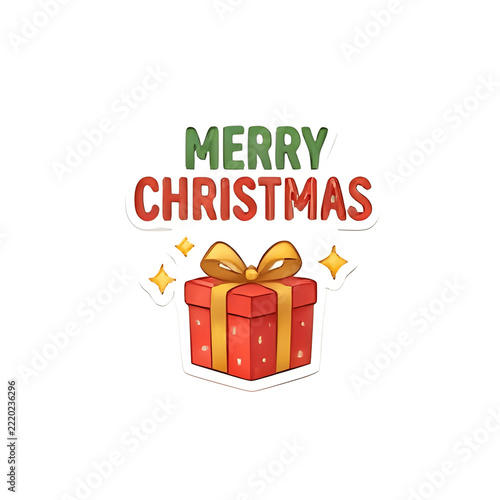 Cute Merry Christmas sticker with red gift box and golden ribbon isolated on white background