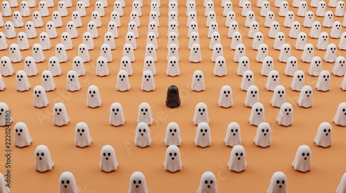 Crowd of white Halloween ghosts with one unique black ghost standing out on an orange background