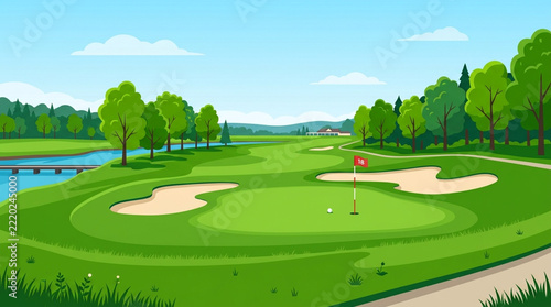 Scenic golf course landscape with vibrant green field and flag
