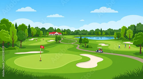 Scenic golf course landscape with players and green fairway