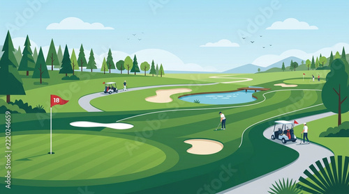 Golfers playing on a scenic green golf course landscape