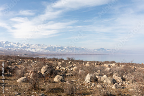 Obraz na plátně Scenic view of the rocky lake shore in Cholpon-Ata, Issyk-Kul Region, Kyrgyzstan