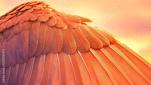 Overlapping bird wingtips in V-formation against warm sunset sky, teamwork and unity in nature concept