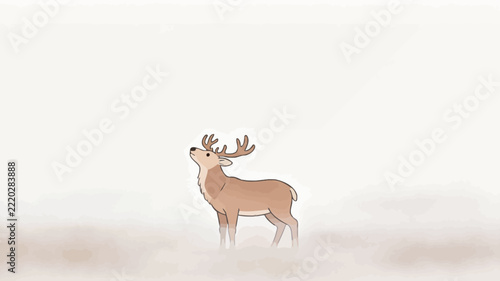 Serene Stag Rising from Mist: Minimalist Vector Art in Soft Earth Tones with Ethereal Foggy Background and Gentle Light