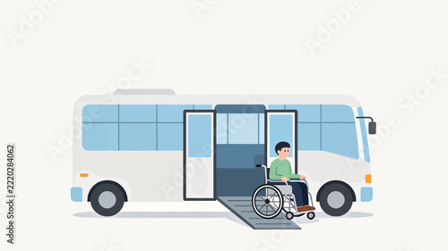 Modern Flat Illustration Depicting a Person in a Wheelchair Accessibly Boarding a Public Bus via Deployed Ramp