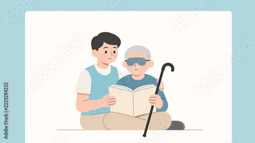 Warm Illustration of Young Man Reading Aloud to Elderly Blind Grandfather with Canes and Open Book in Soft Pastel Tones