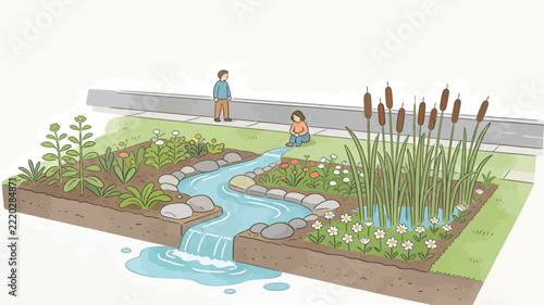 Isometric illustration of a sustainable rain garden bioswale system with native plants, reeds, and water flow features.
