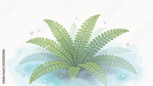 Lush Green Fern Leaves Floating in Clear Water with Air Bubbles, Soft Light Blue Background, Watercolor Illustration Style