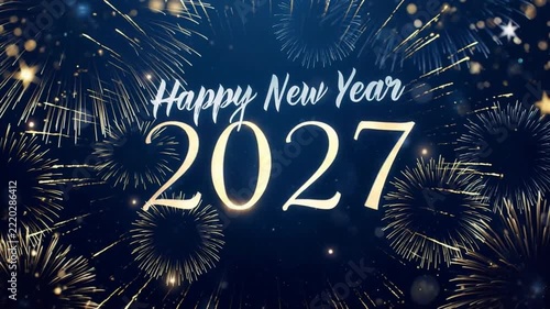 Golden fireworks explode in dark blue sky celebrating New Year 2027 festive occasion with sparkling confetti