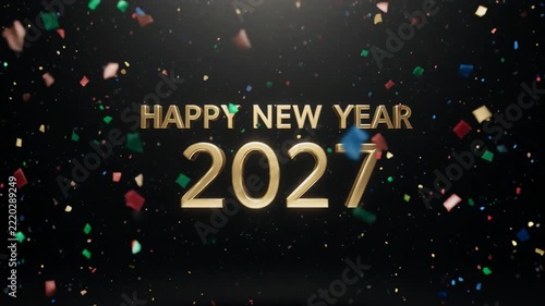 Golden New Year 2027 celebration with falling confetti and sparkling particles