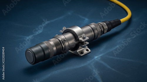 Industrial metal sensor device with yellow cable connector isolated on a dark blue textured background for factory automation and machinery equipment