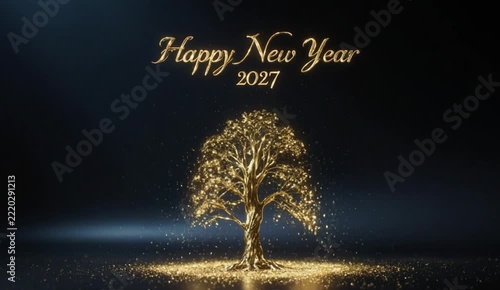 Golden Tree particle animation with Happy New Year 2023 text shimmering against dark background