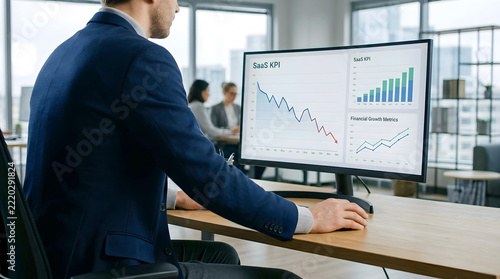 Professional businessman analyzing dynamic financial analytics dashboard with real-time KPI growth metrics, concept for SaaS fintech performance evaluation, investment forecasting, and quarterly