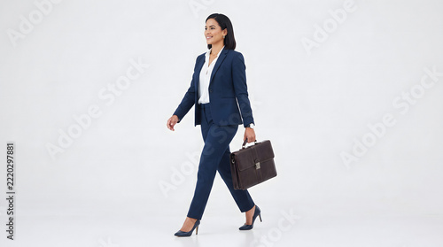 Confident businesswoman in a navy suit walking with a brown briefcase on white background