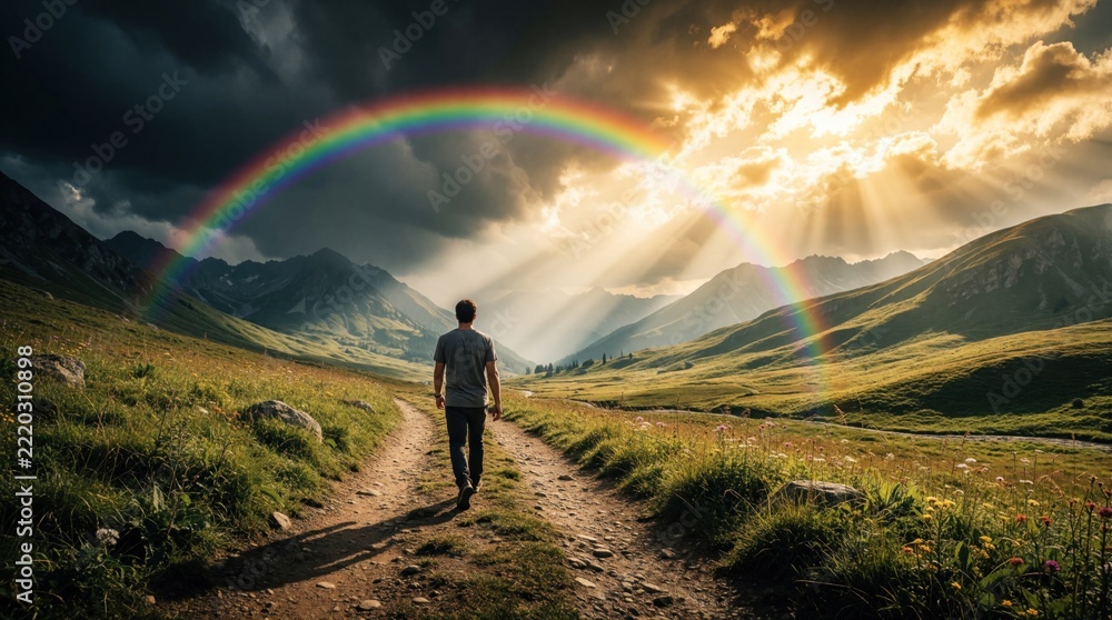 Naklejka premium Back view of man walking on dirt path toward large rainbow in mountain valley. Hiker carries backpack through green hills under bright sunbeams. Dramatic stormy sky meets golden sunlight after rain.
