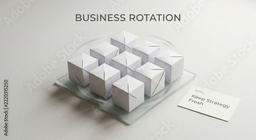 Nine White Paper Cubes Arranged in a Grid for Business Rotation Concept