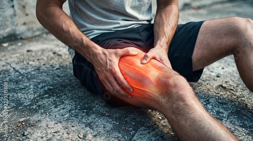 Man experiencing severe knee pain and injury while sitting outdoors on rocks.