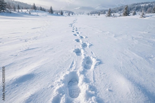 Trail of footprints in fresh untouched snow leading into distance