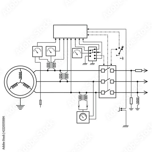 Electrical Control Circuit Diagram with Transformer, Generator and Power Distribution System