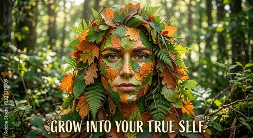 Woman's Face Adorned with Autumn Leaves and Ferns in a Forest Setting