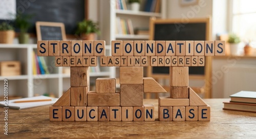Wooden Blocks Forming 'Strong Foundation Education Basis Create Lasting Progress' Message