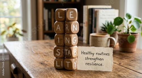 Wooden cubes spelling LEARNING and STABILITY on a table with a note about resilience.