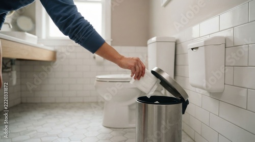 Person throwing trash into a bathroom bin near a toilet.