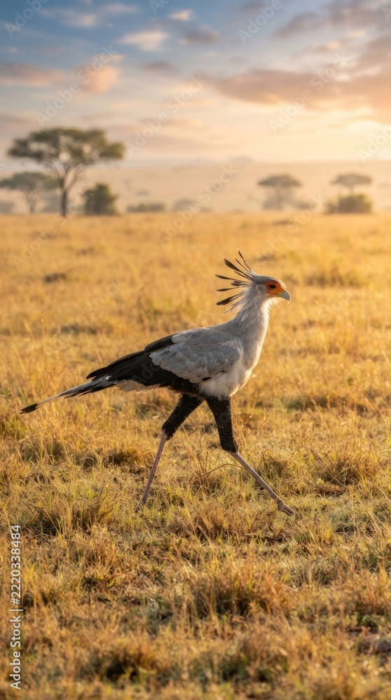 Fototapeta premium Secretary Bird Striding Across African Savannah at Sunrise.