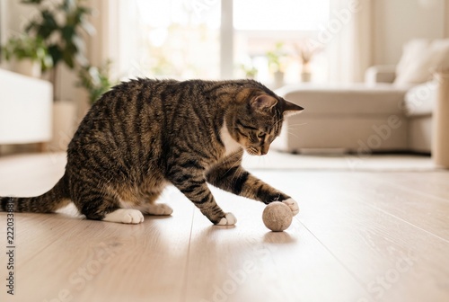 Playful tabby cat batting a felt toy in a sunlit room