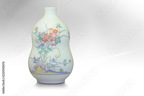 front view antique white gourd shaped vase on white line on grey and white background, object, decor, fashion, collection, copy space