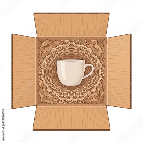 Eco-friendly packaging for fragile ceramic mug in a cardboard box