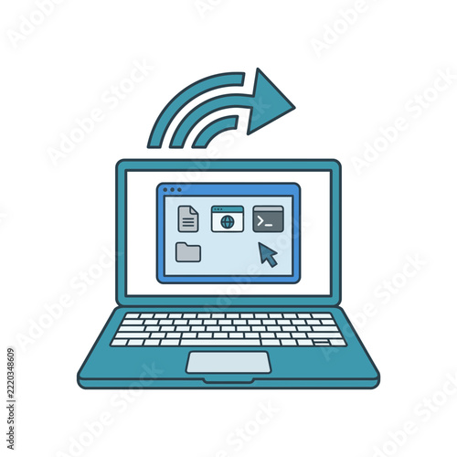 Laptop Computer with Data Transfer and File Sharing Vector Concept