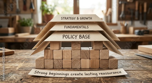 Wooden Blocks Representing Business Strategy Growth and Policy Foundations