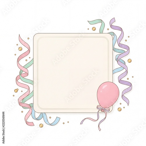 Blank Greeting Card with Pastel Streamers and Pink Balloon