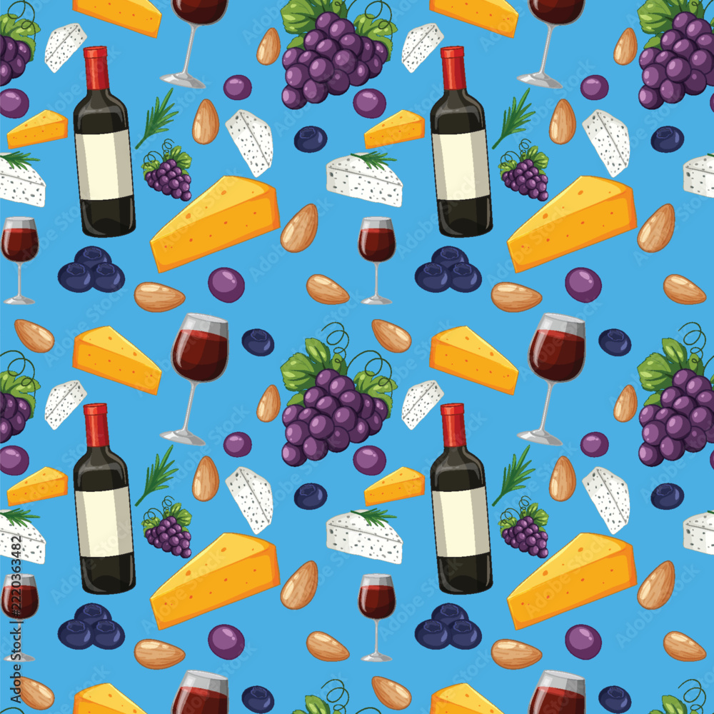 Naklejka premium Seamless Vector Pattern with Red Wine Grapes and Cheese