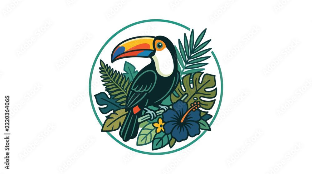 Fototapeta premium Toucan bird emblem framed by tropical flowers and foliage.