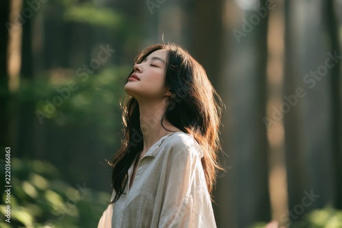 Square Close Up of Korean Woman Closing Eyes in Peaceful Mindful Meditation in Summer Forest