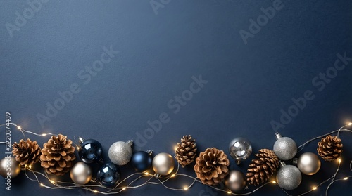 Festive pinecones and glittering ornaments arranged along a dark blue surface, forming a decorative holiday border concept