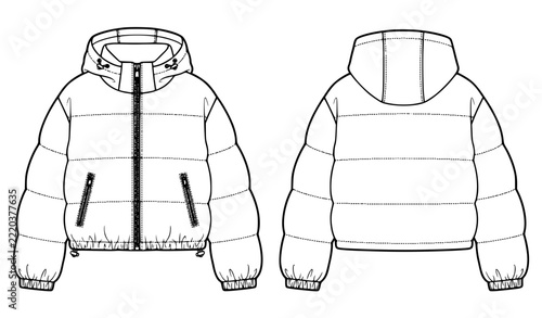 Unisex Hooded Quilted Crop Puffer Jacket Technical Fashion Flat Vector CAD Template Front and Back View