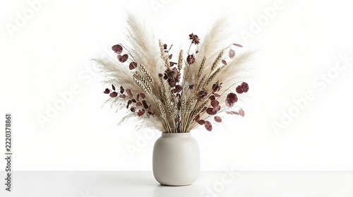 Dried flower bouquet with pampas grass and eucalyptus in a ceramic vase isolated on white background
