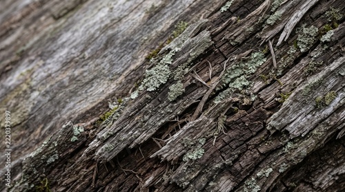 Close up of moss covered bark on old weathered tree trunk in forest