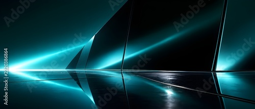 Teal flare reflected across black polished panels in futuristic lighting