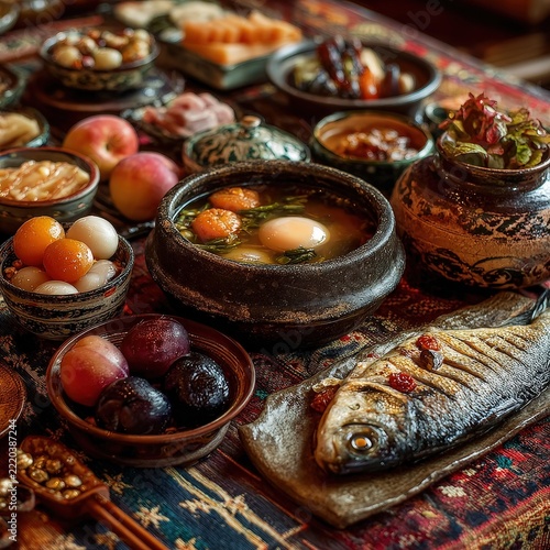 Korean Chuseok table with traditional food and harvest fruits