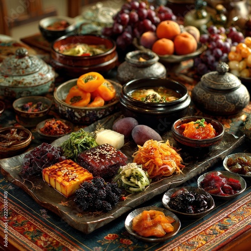 Korean Chuseok table with traditional food and harvest fruits