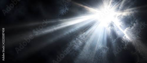Intense white flare piercing dark smoky background with dramatic rays